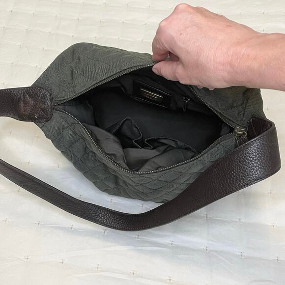 Talbots Army Green Quilted Nylon Canvas Shoulder Bag with Leather Trim Purse - Picture 4 of 10